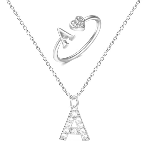 XSDSLS Herz Ring mit Buchstaben Damen Silber Kette mit Buchstabe Anhänger Verstellbarer Initiale A-Z Zirkonia Fingerring Halskette mit Buchstaben Buchstabering Schmuck für Frauen Mädchen (A) von XSDSLS