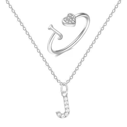 XSDSLS Herz Ring mit Buchstaben Damen Silber Kette mit Buchstabe Anhänger Verstellbarer Initiale A-Z Zirkonia Fingerring Halskette mit Buchstaben Buchstabering Schmuck für Frauen Mädchen (J) von XSDSLS