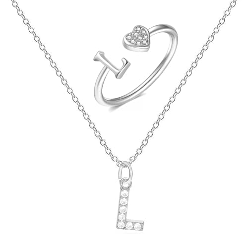 XSDSLS Herz Ring mit Buchstaben Damen Silber Kette mit Buchstabe Anhänger Verstellbarer Initiale A-Z Zirkonia Fingerring Halskette mit Buchstaben Buchstabering Schmuck für Frauen Mädchen (L) von XSDSLS