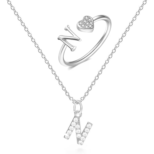 XSDSLS Herz Ring mit Buchstaben Damen Silber Kette mit Buchstabe Anhänger Verstellbarer Initiale A-Z Zirkonia Fingerring Halskette mit Buchstaben Buchstabering Schmuck für Frauen Mädchen (N) von XSDSLS