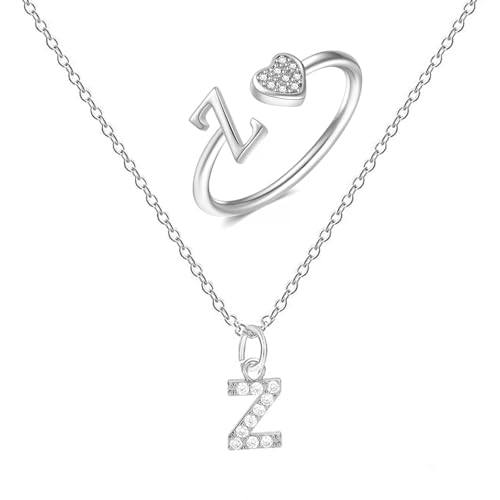 XSDSLS Herz Ring mit Buchstaben Damen Silber Kette mit Buchstabe Anhänger Verstellbarer Initiale A-Z Zirkonia Fingerring Halskette mit Buchstaben Buchstabering Schmuck für Frauen Mädchen (Z) von XSDSLS