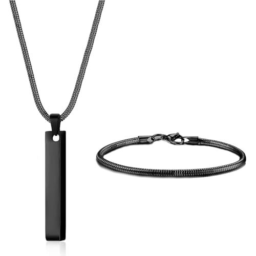 XSDSLS Kette Herren Bar Anhänger Edelstahl Schlangenkette Armbänder Silber/Schwarz Bar Anhänger mit SchlangenKette Quader Kette Schlangen Armband für Männer Damen (Schwarz-2.6mm, Halskettenlänge:66cm) von XSDSLS