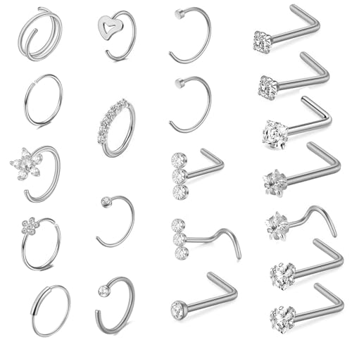 XSDSLS Nasenpiercing Nasenring 20G Nasenpiercing Chirurgenstahl Nasenring L förmige Nasenstecker Nostril Piercing Set CZ Gold Silber Nasenstecker für Damen (Silber) von XSDSLS