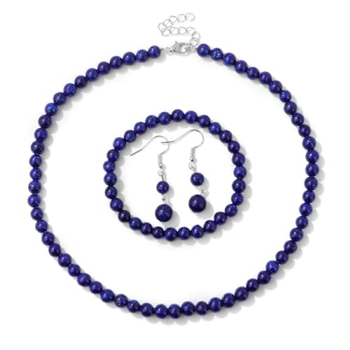 XSDSLS Naturstein Perlen Schmuckset für Damen,Stretch Naturstein Kristall Perlenarmbänder Verstellbares Naturstein Kette Naturstein Ohrstecker Geschenke für Frauen Mädchen (Lapislazuli) von XSDSLS