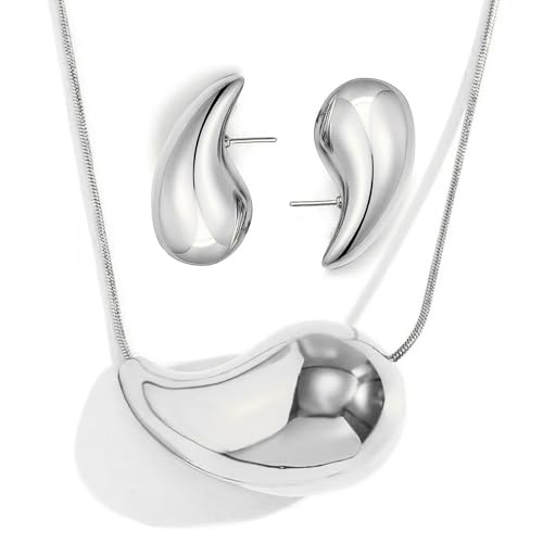 XSDSLS Ohrringe Dupes, Chunky Ohrringe für Damen Edelstahl Tropfen Ohrringe Tropfenform Anhänger Halskette Wassertropfen Ohrringe Tropfen Halskette Frauen Mädchen Gold Silber (Silber, Ohrringe-22mm) von XSDSLS