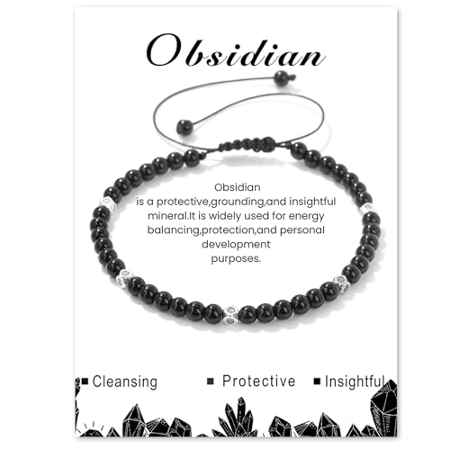 XSDSLS Perlenarmband für Frauen,4mm Naturstein Armband, Einstellbar Naturstein Perlen Armband,Edelstein Armbänder,Perlenarmband für Damen (Obsidian) von XSDSLS