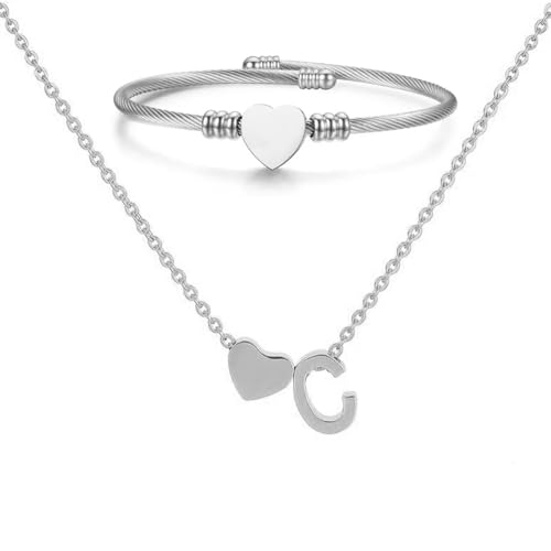 XSDSLS Silber Herz Kette mit Buchstaben Anhänger Damen A-Z Initialen Halskette Herz Offene Armreif Armband Buchstabenkette Anhänger Halskette Personalisierte Geschenke für Frauen Mädchen (C) von XSDSLS
