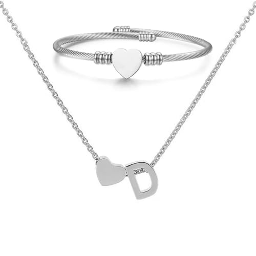 XSDSLS Silber Herz Kette mit Buchstaben Anhänger Damen A-Z Initialen Halskette Herz Offene Armreif Armband Buchstabenkette Anhänger Halskette Personalisierte Geschenke für Frauen Mädchen (D) von XSDSLS