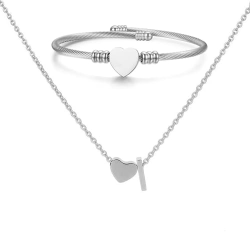 XSDSLS Silber Herz Kette mit Buchstaben Anhänger Damen A-Z Initialen Halskette Herz Offene Armreif Armband Buchstabenkette Anhänger Halskette Personalisierte Geschenke für Frauen Mädchen (I) von XSDSLS