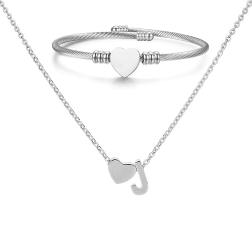 XSDSLS Silber Herz Kette mit Buchstaben Anhänger Damen A-Z Initialen Halskette Herz Offene Armreif Armband Buchstabenkette Anhänger Halskette Personalisierte Geschenke für Frauen Mädchen (J) von XSDSLS