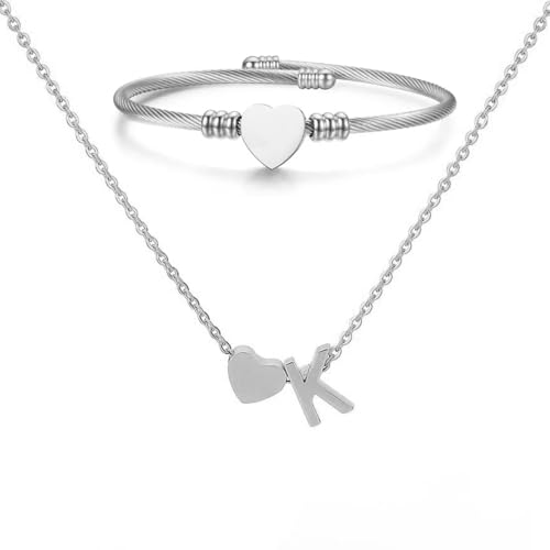 XSDSLS Silber Herz Kette mit Buchstaben Anhänger Damen A-Z Initialen Halskette Herz Offene Armreif Armband Buchstabenkette Anhänger Halskette Personalisierte Geschenke für Frauen Mädchen (K) von XSDSLS