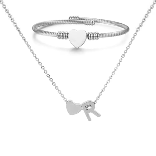 XSDSLS Silber Herz Kette mit Buchstaben Anhänger Damen A-Z Initialen Halskette Herz Offene Armreif Armband Buchstabenkette Anhänger Halskette Personalisierte Geschenke für Frauen Mädchen (R) von XSDSLS