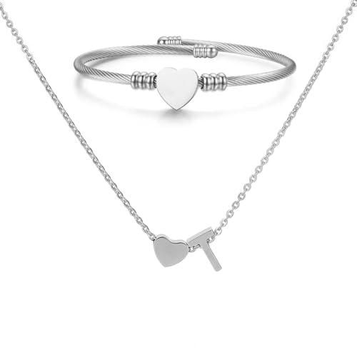 XSDSLS Silber Herz Kette mit Buchstaben Anhänger Damen A-Z Initialen Halskette Herz Offene Armreif Armband Buchstabenkette Anhänger Halskette Personalisierte Geschenke für Frauen Mädchen (T) von XSDSLS