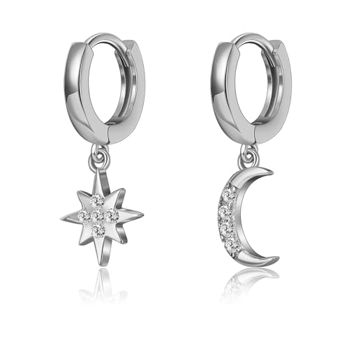 XSDSLS Stern Mond Creolen Ohrringe für Mädchen Damen Asymmetrische Mond Stern Klein Creolen Tropfen Ohrringe (Silber Set 2) von XSDSLS