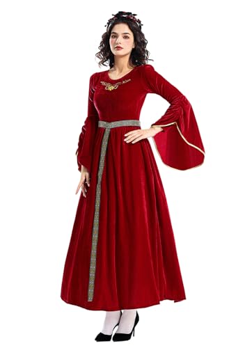 XSDZSWQY Renaissance-Kleid für Damen, Mittelalter-Kostüm für Damen, langes Kleid, Übergröße, Samt, Queen-Kleid, Halloween-Kostüm, Rot/Ausflug, einfarbig (Getaway Solids), Mittel von XSDZSWQY