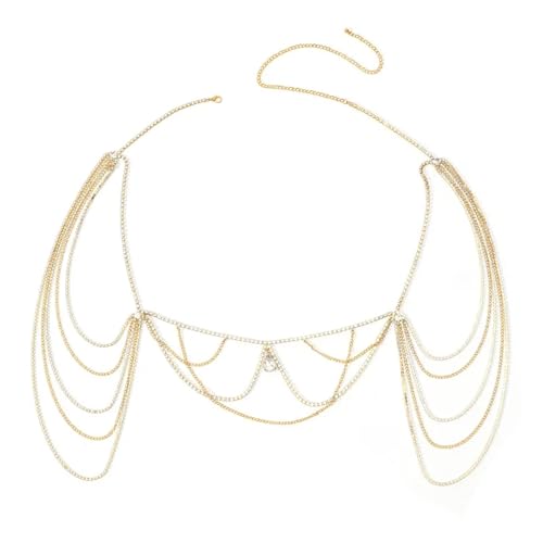XSFAMGB 1 STÜCKE Wassertropfen Anhänger Mehrschichtige Strass Brustkette Party Vollkleid Damen Körperschmuck(Gold) von XSFAMGB