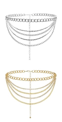 XSFAMGB 2 STÜCKE Funkelnde Metall Taille Kette Decor Goldene Silbrige Metall Kleid Gürtel for Frauen von XSFAMGB