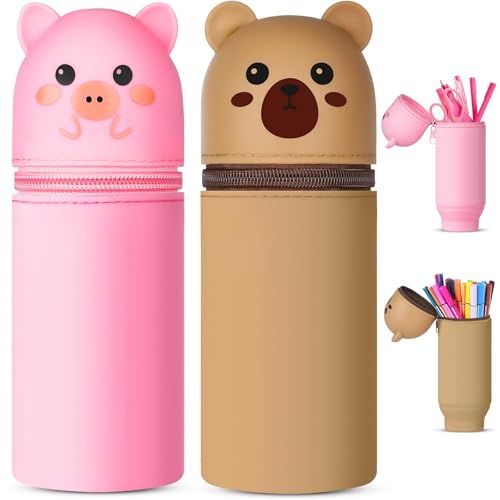 XSHAO® 2 Stück Kawaii Mäppchen, Federmäppchen aus Silikon 2-in-1 Silikon Federmäppchen für Mädchen Jungen Aufbewahrung Schreibwaren (Rosa, Braun) von XSHAO