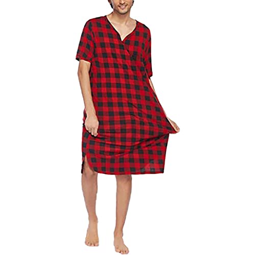 Kurzärmeliges Herren-Nachthemd Lässiger Pyjama Schlaf-Shirt Weiches, Bequemes Nachthemd V-Ausschnitt Nacht-Schlafanzug Bademäntel (Color : Red, Size : 3XL) von XSION