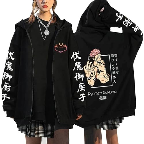 Jujutsu Kaisen Sukuna Grafik Mantel für Männer Japan Comic Sukuna Ryomen Hoodie mit Reißverschluss Übergröße Streetwear King of Curses Kostüm Sukuna Yuuji Itadori Strickjacke Sukuna Yuuji Kleidung von XSLGOGO