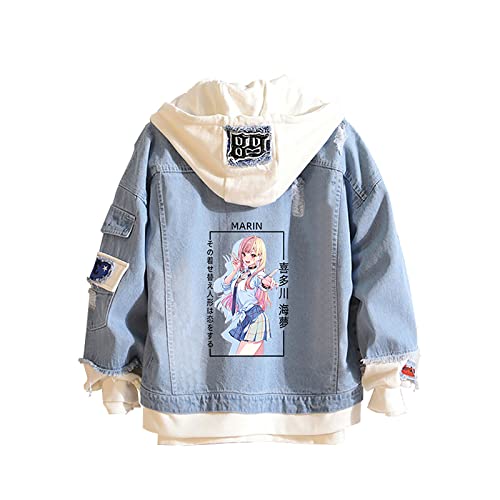 XSLGOGO Anime My Dress-Up Darling Gefälschte Zwei Denim Jacken Kitagawa Marin Langärmelige lässige Strickjacke Gojou Wakana Kapuzenjacken für Frauen Männer von XSLGOGO