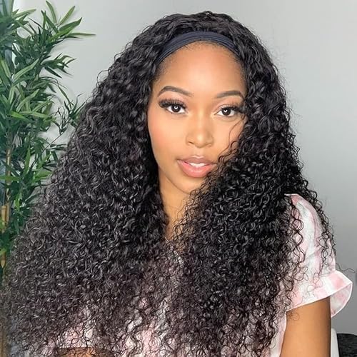 XSY Kinky Curly Headband Wig Human Hair Curly Headband Wig Glueless Wigs for Black Women Brazilian Virgin Human Hair Headband Wig None Lace Front Wigs 150% Density Natural Black Colour 22 Inch von XSY