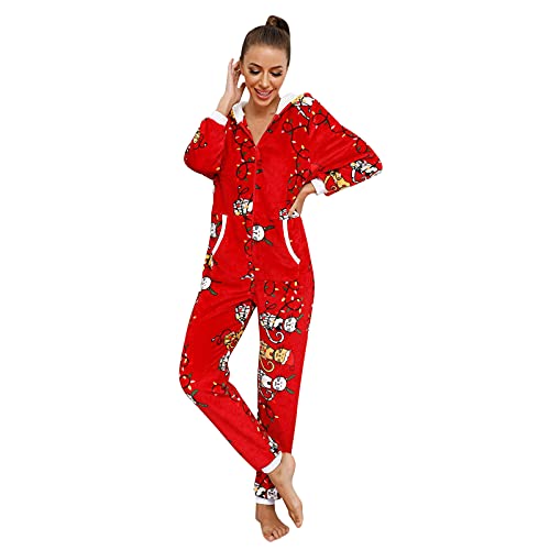 XSZD Strampler Mit Hirsch Muster Aufdruck Einteiler Schlafanzug Hausanzug Mit ReißVerschluss Und Kapuze Damen Jumpsuit Fleece Einteiler Overall Anzug Flauschig Jumpsuit Flauschig Und Kuschelig von XSZD