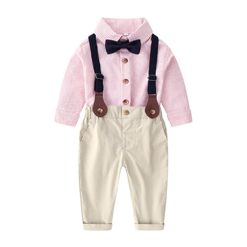 XSportmode Jungen Anzug Hosen Outfit Anzüge Baby Jungen Kleid Kinder Hemd mit Knöpfen Herbst Langarmshirt + Overall 2-teiliges Kinderkleid-Set(Rosa,70cm) von XSportmode