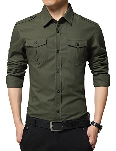 XTAPAN Herren Casual Slim Fit Hemd Baumwolle Langarm Button Down Kleid Hemd, H-Armeegrün mit zwei Taschen., Klein von XTAPAN