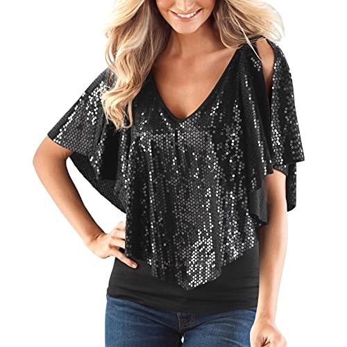 XTBFOOJ Damen Sweatshirt Ohne Kapuze Damen Chiffon Langarmshirt Pailletten Oberteil Bluse Damen Elegant Sexy Glitzer Damen Oberteile Elegant Sexy Damen Elegant, Party Große Größen Pailletten Tunika von XTBFOOJ