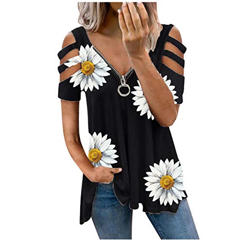 Damen V-Ausschnitt Bluse 3/4 Ärmel Tunika Reißverschluss Langshirt Langarm Hemd Tops T-Shirt Oberteile Blusehemd, Casual Baumwolle Button-down Langarmshirt, Einfarbig Loose Shirts T-Shirt von XTBFOOJ