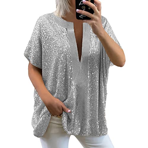 XTBFOOJ Longshirt Damen Kurzarm Party Metallic Glitzer Bluse Glitzer Oberteile Damen Bluse Damen Elegant Sexy Damen Oberteil Kurzarm Herbst Silvester Outfit Pailletten Oberteil Tunika Damen Langarm von XTBFOOJ