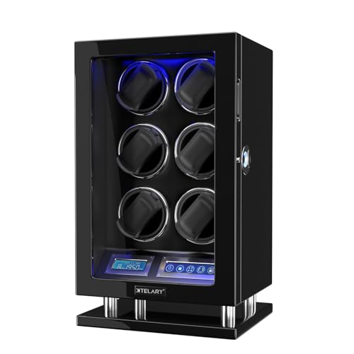 XTELARY Uhrenbeweger, Automatischer Uhrenbeweger mit Fingerabdrucksperre 6 mit LCD-Touchscreen, Blauer LED, Fernbedienung,Leisem Motor und Verstellbaren Uhrenkissen für Herren und Damen von XTELARY