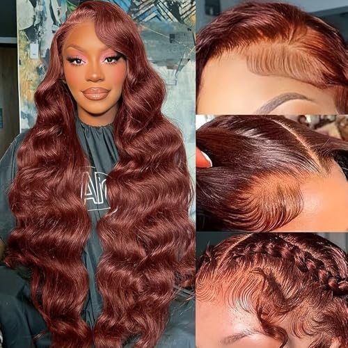 XTERFSTY 32 Zoll Rotbraune Spitze vorne Echthaarperücken 13X6 HD Frontwellenkörper Perücken Für Frauen 180 Dichte Blech Knoten Rot Kupfer Glueless Körper Welle Spitze von XTERFSTY