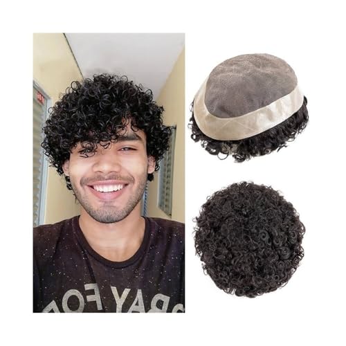 Dekoration 20 mm lockiges Toupet for Männer, Mono-Oberteil mit PU-Haut um Echthaar, männliche Haarprothese flauschig(#1B,6x9) von XTJS56QB