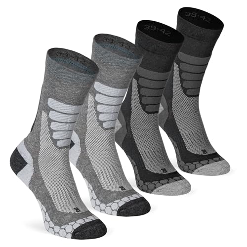 XTREME SOCKSWEAR Herren & Damen Wandersocken Trekking Outdoor Sport Funktionssocken Atmungsaktiv Frottesohle Gepolstert (4 Paar) Grau-Schwarz 39-42 von XTREME SOCKSWEAR