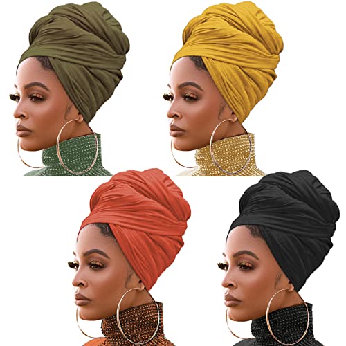 XTREND 4 Pieces Stretch Head Wrap Hair Scarf Headband Jersey Turban Knit Headwraps Urban Hair Wrap Solid Color Ultra Soft Extra Long Breathable Tie for Women(Black, Army Green, Turmeric, Orange) von XTREND