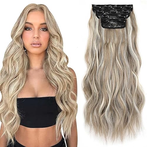 Xtrend 16Inch Wavy Hair Extensions Clip in Hair Extensions Synthetic Hair pieces for Women Girls 4PCS Full Head Set Thick Curly Wavy Synthetic Hair Extensions(12H613)… von XTREND