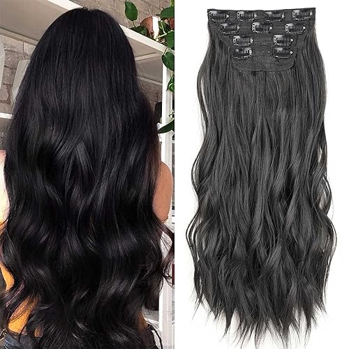 Xtrend 20Inch Black Wavy Hair Extensions Clip in Hair Extensions Synthetic Hair pieces for Women Girls 4PCS Full Head Set Thick Curly Wavy Synthetic Hair Extensions(1B#)… von XTREND