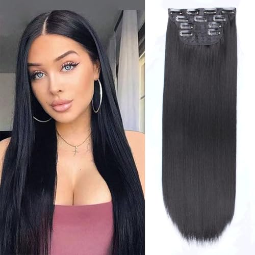 Xtrend 20Inch Hair Extensions Black Clip in Hair Extensions Synthetic Hair pieces for Women Girls 4PCS Full Head Set Thick Curly Straight Synthetic Hair Extensions(1B#)… von XTREND