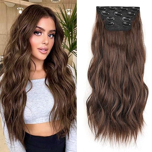 Xtrend 20Inch Long Wavy Hair Extensions Dark Brown Clip in Hair Extensions Synthetic Hair pieces for Women Girls 4PCS Full Head Set Thick Curly Wavy Synthetic Hair Extensions(9#)… von XTREND