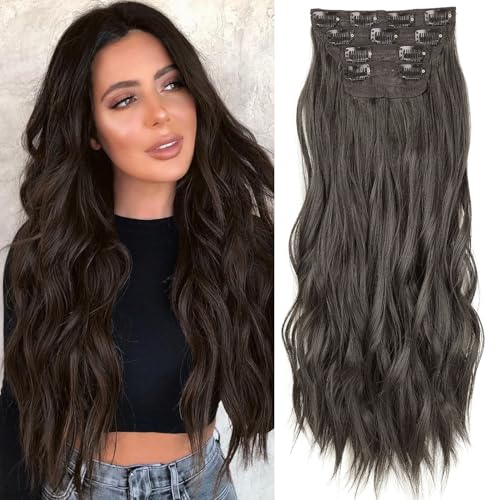 Xtrend 24 Inch Dark Brown Long Wavy Hair Extensions 11Clips Hair Extensions Synthetic Hair pieces 4PCS Full Head Set Thick Curly Wavy Synthetic Hair Extensions for Women 4#… von XTREND