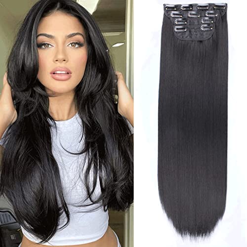 Xtrend 24 Inch Straight Clip in Hair Extensions 4Pcs 11Clips Straight Thick Full Head Double Weft Clip on Synthetic Hair Extension Hairpieces for Women Daily Use 1B#… von XTREND