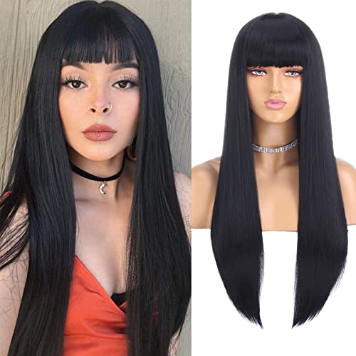 Xtrend 26 Zoll schwarze lange gerade Perücken mit Pony für Frauen Mädchen Cosplay Kostüm tägliches Tragen synthetische Perücke mit Fransen natürliche lange gerade hitzebeständige synthetische Perücken von XTREND