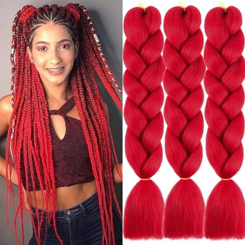 Xtrend 3 Packs 24 Inch Red Jumbo Braiding Hair Extensions for Women High Temperature Kanekalon Braiding Hair for Twist Crochet Box Braids(3Packs,Red# von XTREND