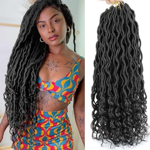 Xtrend 61 cm 6 Packungen lange schwarze Göttin künstliche Locs gehäkelte Zöpfe lockige Enden gewellte synthetische Flechthaarverlängerung für Frauen Dreadlock Flechthaar 20 Strähnen/Packung 1B# von XTREND