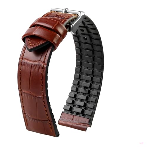 XTVKFWJAB Kompatibel mit IWC/Amani/Seiko 19 mm, 20 mm, 22 mm, schwarz-braunes Leder-Kautschuk-Uhrenarmband, Herren, wasserdichtes Silikon-Rindslederband(Brown-silver,19mm) von XTVKFWJAB