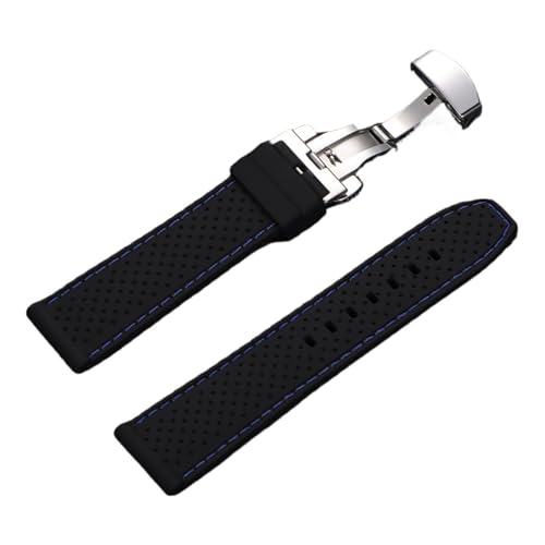 XTVKFWJAB Uhrenarmband aus weichem Silikonkautschuk, 22 mm, for Herren und Damen, sportlich, wasserdicht, atmungsaktiv, Edelstahl, Schmetterlingsschnalle(Black-Blue) von XTVKFWJAB