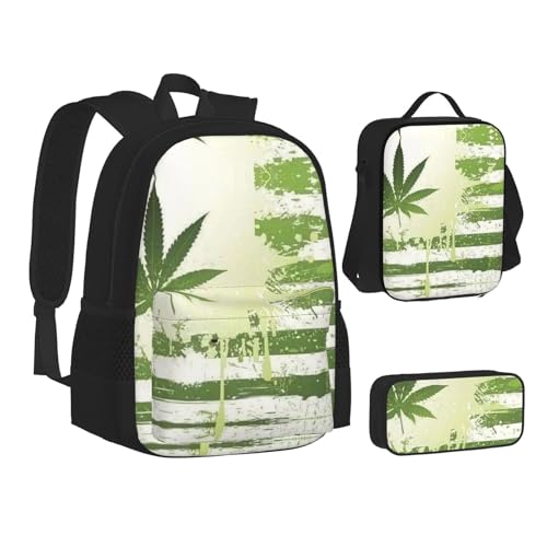 XTWPTOO Gras Topf Blatt Druck Leinwand 3-in-1 Schulranzen Set mit Rucksack Mittagessen Taschen Federmäppchen Schüler Erwachsene, Schwarz , Einheitsgröße von XTWPTOO