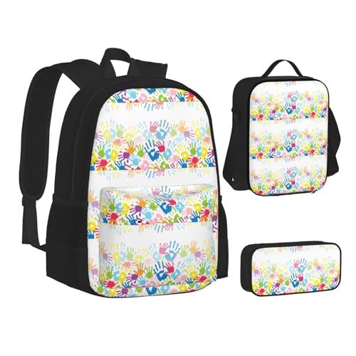 XTWPTOO Kinder Handabdruck Leinwand 3-in-1 Schulranzen Set mit Rucksack Mittagessen Taschen Federmäppchen Schüler Erwachsene, Schwarz , Einheitsgröße XTWPTOO Kinder Handabdruck Leinwand 3-in-1 Schulranzen Set mit Rucksack Mittagessen Taschen Federmäppchen Schüler Erwachsene, Schwarz , Einheitsgröße von XTWPTOO